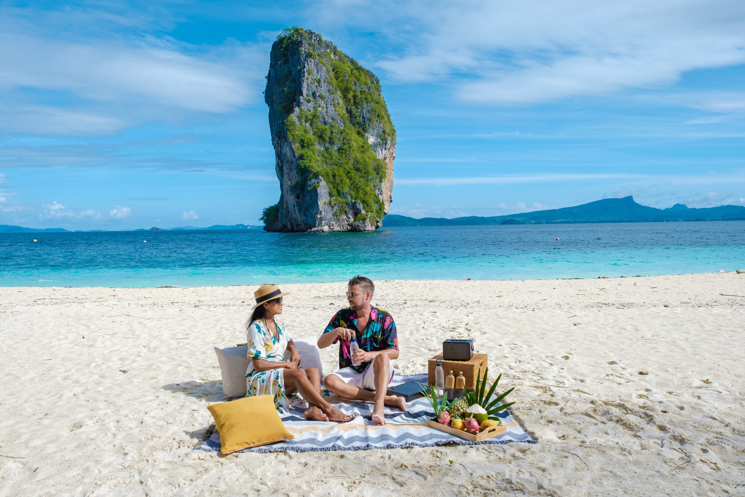 Couple,Men,And,Women,Having,Picnic,On,The,Beach,Of